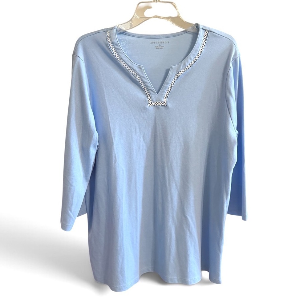 Appleseeds Knit Top Womens XL Blue 3/4 Sleeve Crochet Trim Split Neck Casual New